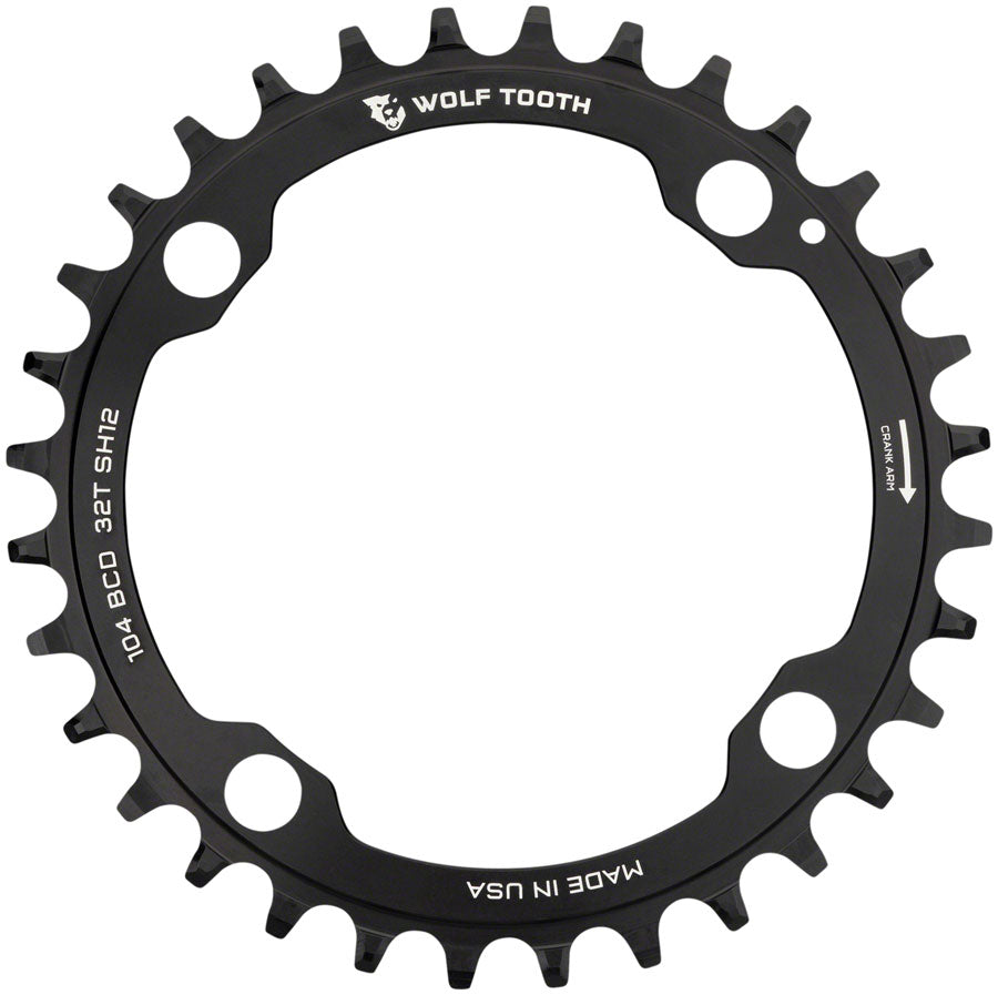 Wolf Tooth 104 BCD Chainring - 32t 104 BCD 4-Bolt Drop-Stop ST Requires Shimano 12-Speed HG+ Chain BLK